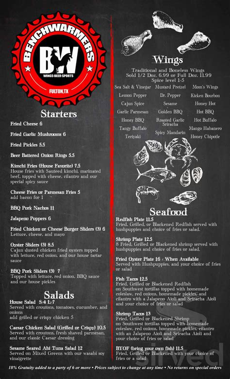 BenchWarmers menu in Rockport, Texas, USA