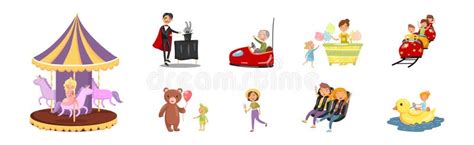 People Characters in Amusement Park or Fun Fair Vector Illustration Set ...