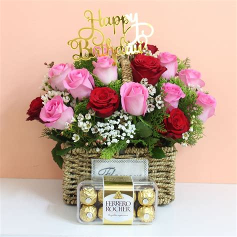 Happy Birthday Flowers and Chocolate | Roses Basket with Ferrero