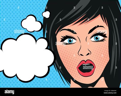 A retro cartoon woman with a shocked expression and speech bubbles. Vector illustration Stock ...