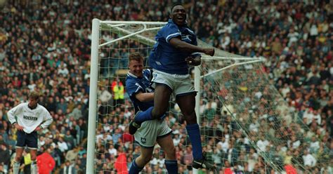 Everton's Daniel Amokachi celebrates scoring against Tottenham Hotspur ...