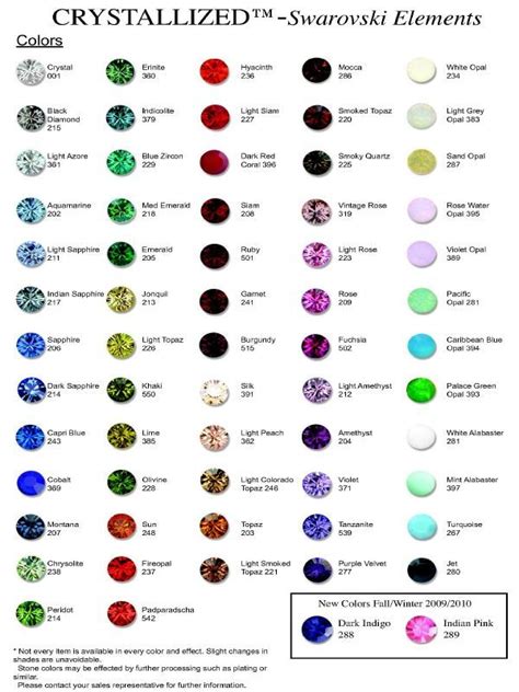 Swarovski rhinestone and crystal color chart