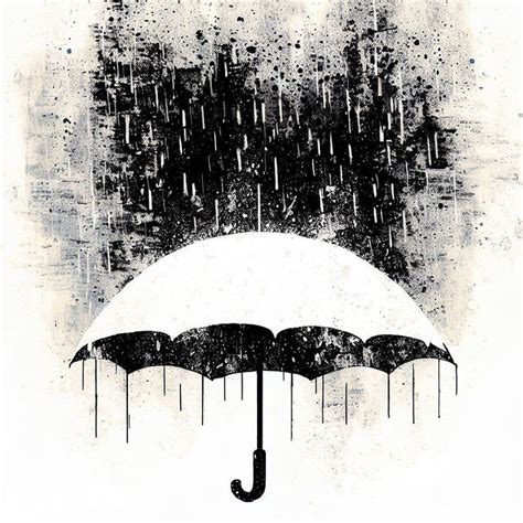 an umbrella in the rain black and white illustration | Black and white ...