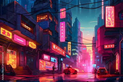 Beautiful Cyberpunk Street Cityscape, Glitchy Animation style ...