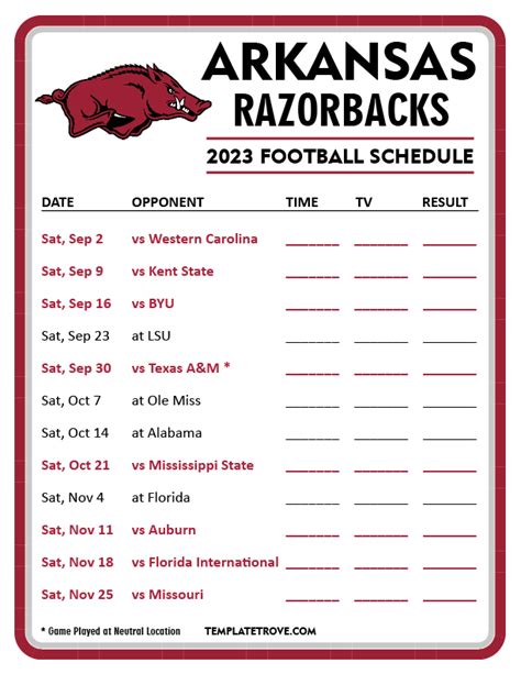 Printable 2023 Arkansas Razorbacks Football Schedule