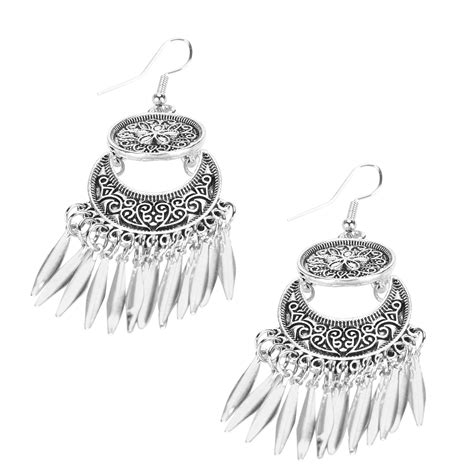 Vintage Earring National Flower Carved Silver Alloy Tassel Exaggerated ...