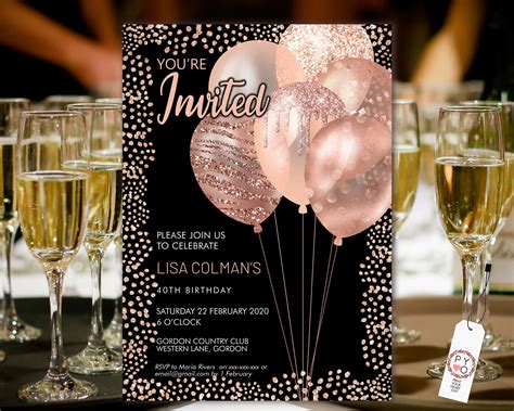 Rose Gold Birthday Balloons Invitation Printable Template | Etsy