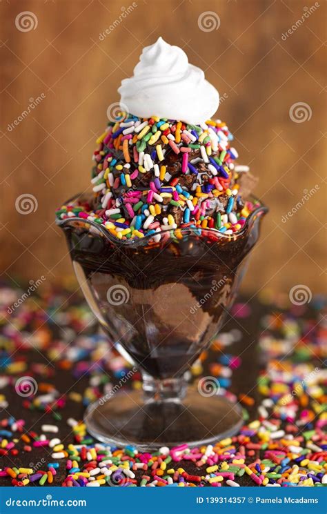 Chocolate Ice Cream Sundae with Chocolate Syrup and Rainbow Sprinkles ...