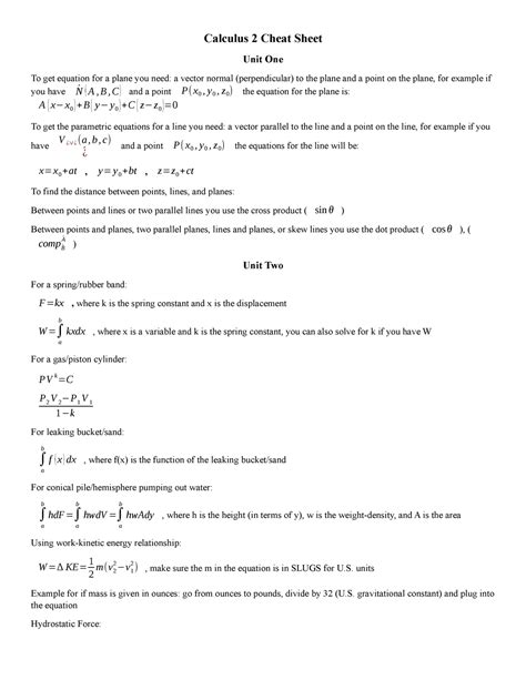 Calculus 2 Cheat Sheet - ENGR 102 - UofL - Studocu