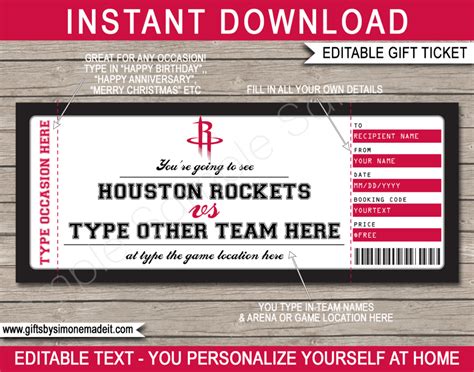 Houston Rockets Game Ticket Gift Voucher | Printable Surprise NBA ...