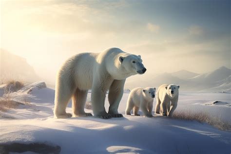 Premium AI Image | A polar bear family stands in the snow with a mountain in the background.