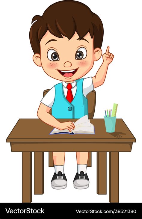 Happy cute little student boy raising his hand Vector Image