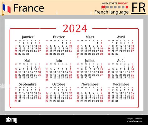 French horizontal pocket calendar for 2024 (two thousand twenty four). Week starts Sunday. New ...