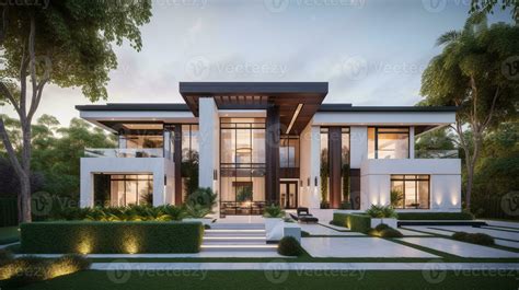 AI Generative Exterior of modern luxury house with garden and beautiful ...