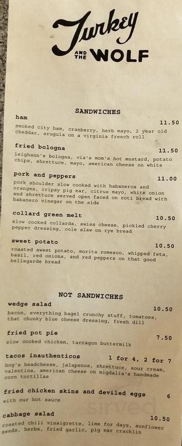 Turkey and the Wolf menus in New Orleans, Louisiana, United States