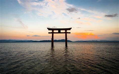 Download wallpapers Torii, traditional Japanese gate, Japan, sunset ...