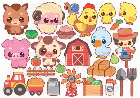 Cute Farm Clipart, Farm Animals Clip Art, Harvest Vector, Kawaii Little Animals, Digital ...