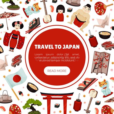 Japan Travel Banner Design with Traditional Symbols Vector Template ...