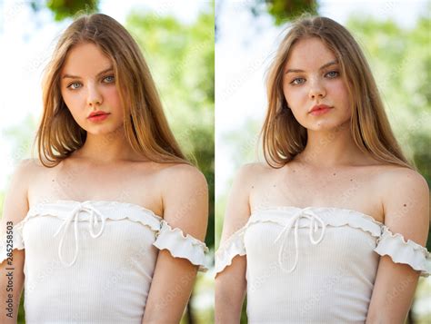 Female face before and after retouch Stock Photo | Adobe Stock