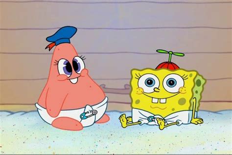 spongebob and patrick from the spongebob movie sitting in front of an apple