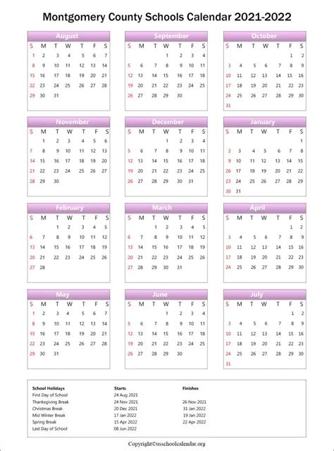 Montgomery County Schools Calendar with Holidays 2021-2022