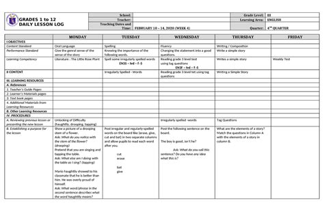 DLL English 3 Q4 W4 - dll - GRADES 1 to 12 DAILY LESSON LOG School: Grade Level: III Teacher ...