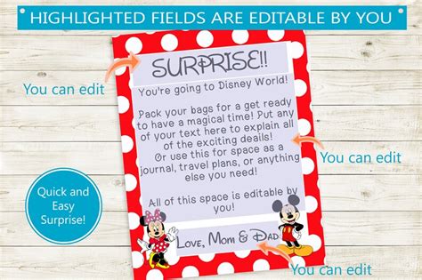 Disney Trip Reveal Letter // Adobe Editable PDF // Disney | Etsy