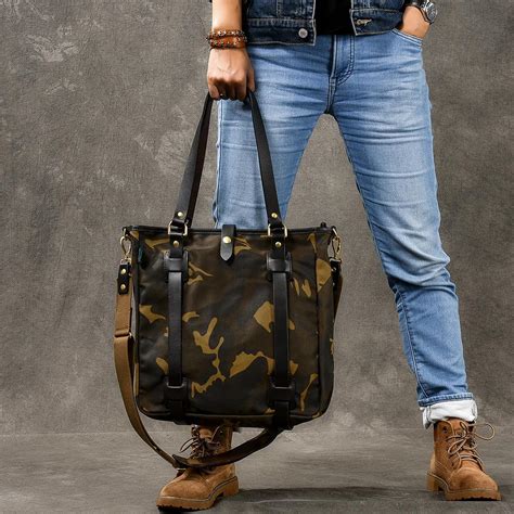 Waxed Canvas Leather Mens Womens 14'' Camouflage Tote Bag Handbag Tote