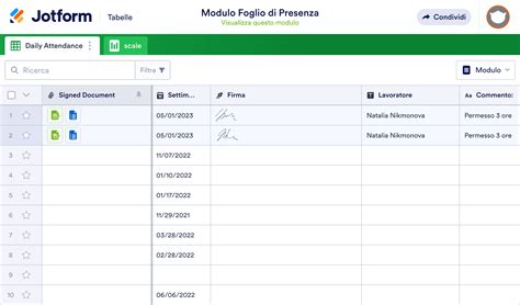 Modulo Foglio di Presenza Template | Tabelle Jotform