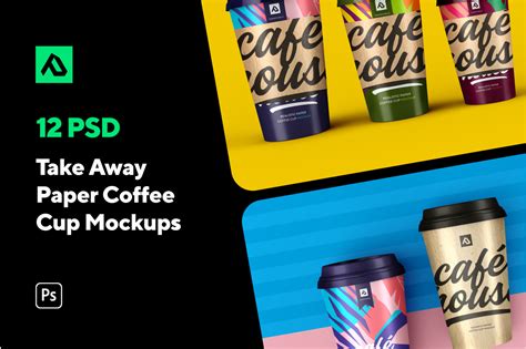 Take Away Paper Coffee Cup Mockup Set on Yellow Images Creative Store