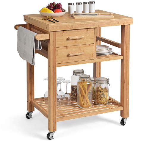 Costway Bamboo Kitchen Trolley Cart Wood Rolling Island w/ Tower Rack & Drawers - Walmart.com