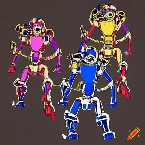 Group of marching robots like bug-eyed goldrake in royal blue, crimson red, metallic silver and ...