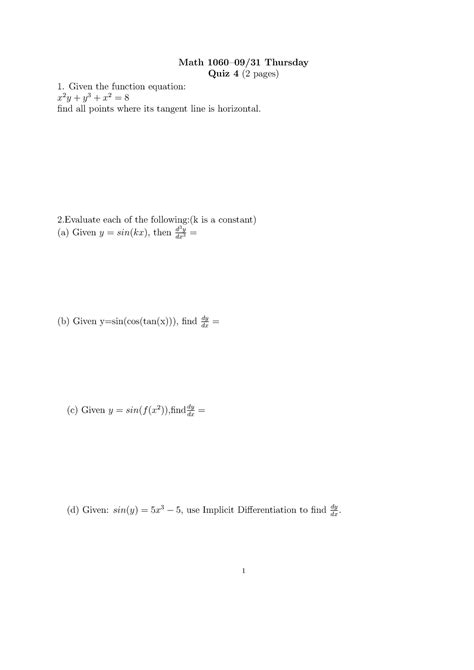 Quiz 4 - Quiz 4 key math - Math 1060–09/31 Thursday Quiz 4 (2 pages) Given the function equation ...