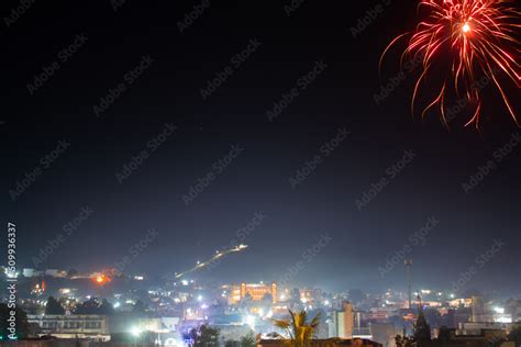 Wide angle shot of fire works in the city during the Diwali festival in ...