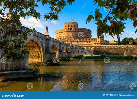 Castle Sant Angelo Mausoleum of Hadrian, Bridge Sant Angelo and River Tiber in the Rays of ...