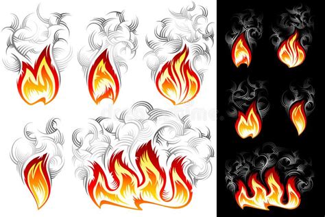 Fire Smoke Spurt Flame Burning Color Ink Icon Set Stock Vector ...