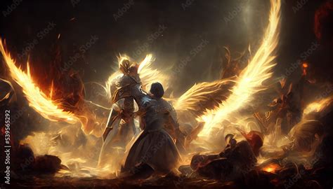 An angel fights with a demon. Eternal battle good vs evil. Inspired by Bible and Egyptian ...