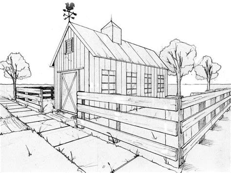 a drawing of a barn in the country