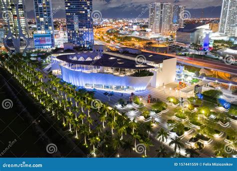 Frost Museum of Science Miami Downtown. Aerial Night Photo Shot with a Drone Long Exposure ...