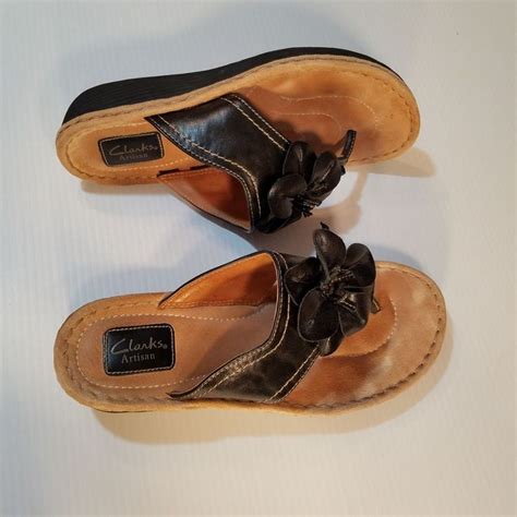 Clarks Artisan Black Leather Flower Flip Flop Sandal Womens 10M Slip On ...