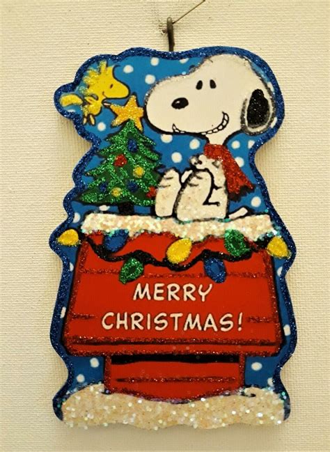 SNOOPY, DOG HOUSE, WOODSTOCK, TREE, SNOWFALL * Glitter CHRISTMAS ORNAMENT * Vtg | #4552065460