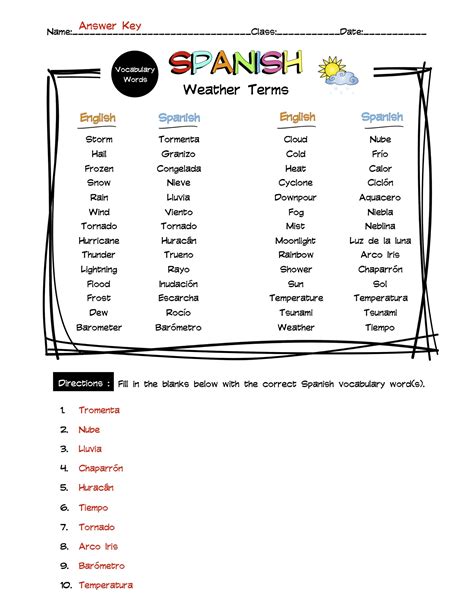 Spanish Weather Terms Vocabulary Word List Worksheet & Answer Key | Made By Teachers