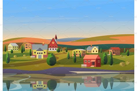 Small town landscape near river , #sponsored, #houses#shore#town#Vector ...