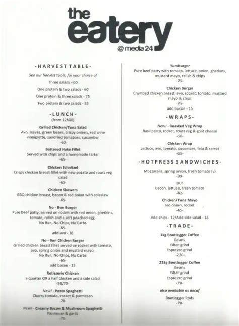 The Eatery @ Media 24 Menu, Menu for The Eatery @ Media 24, Foreshore ...