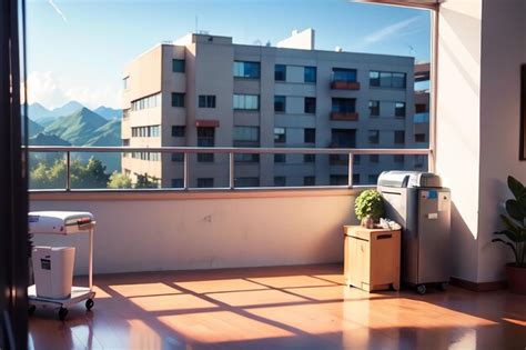 Premium AI Image | A balcony with a view of a mountain in the background