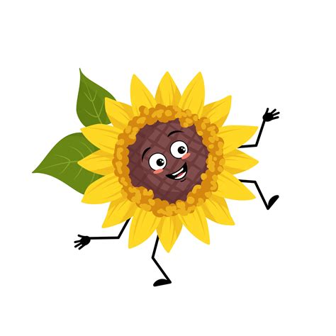 Sunflower character with happy emotion, joyful face, smile eyes, arms ...