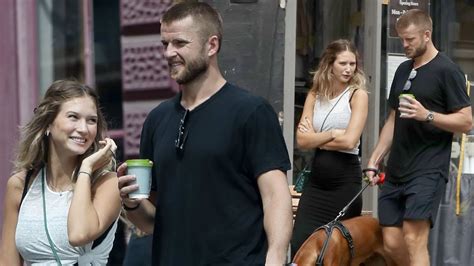 Eric Dier makes a rare appearance with his model wife Anna as they head out on a dog walk two ...