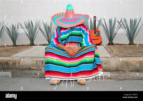 Mexican lazy man sit serape agave guitar nap siesta typical topic Stock ...