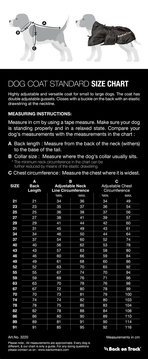 DOG COAT STANDARD SIZE CHART – Back on Track Worldwide