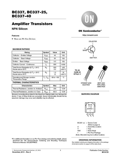 Datasheet BC337 - BC337, BC337-25, BC337-40 Amplifier Transistors NPN Silicon onsemi Features ...